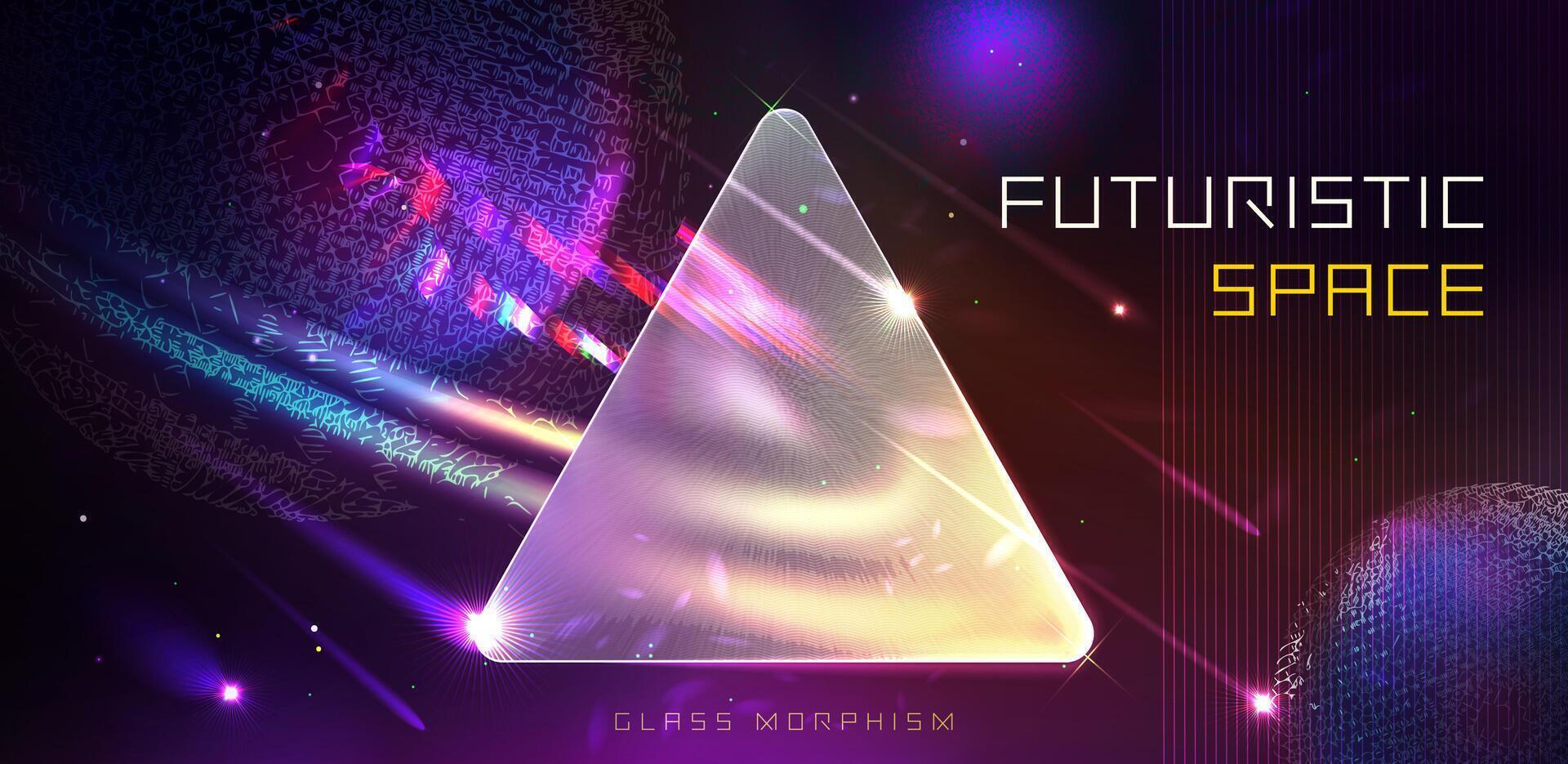 Triangular template in glassmorphism style and futuristic space with planets, stars and comets. illustration of futuristic space abstract background. Futuristic hi-tech HUD element. . vector