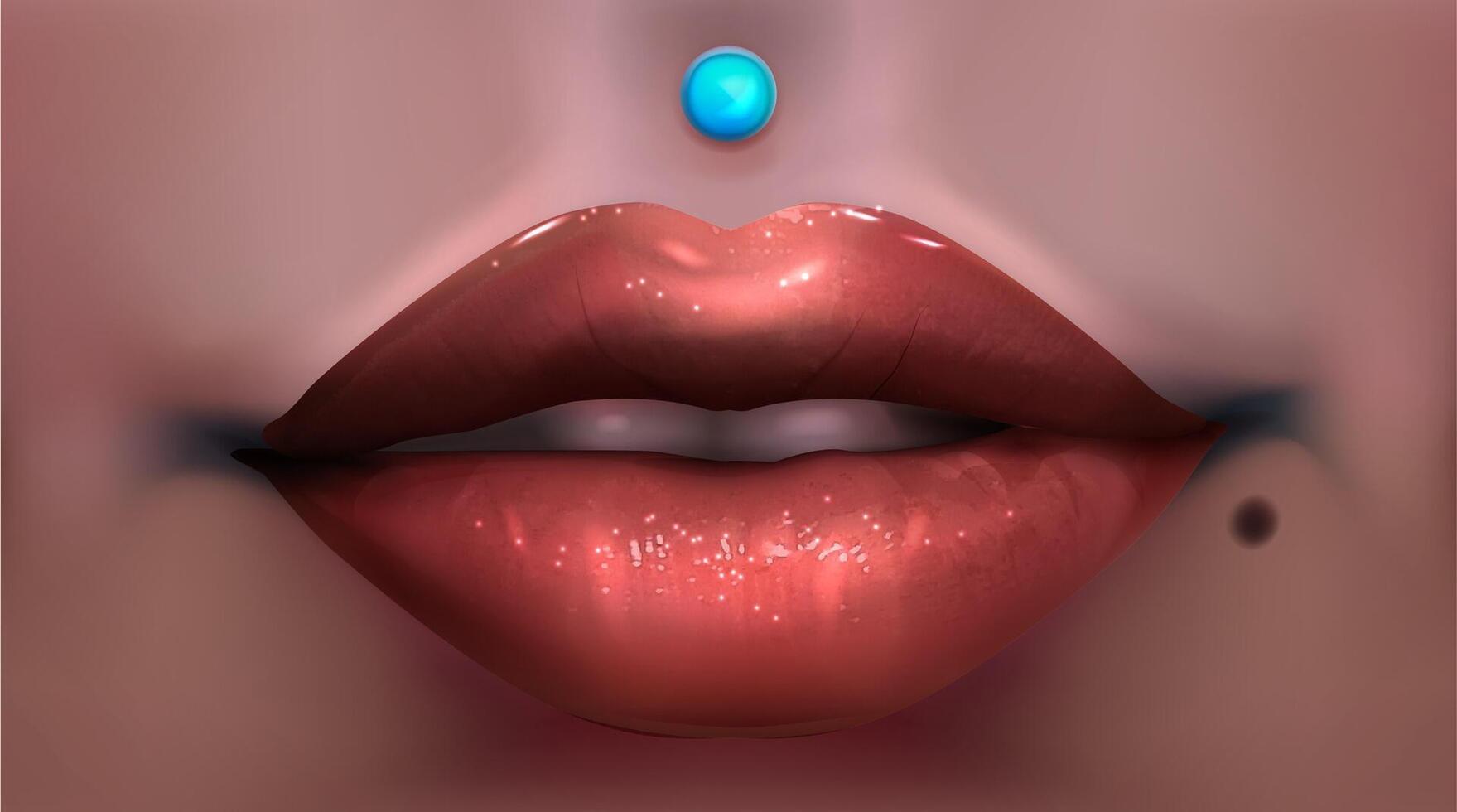 realista vinoso labios. sexualmente abierto boca con blanco dientes. perforación en oscuro piel encima el Superior labio. sexy marrón labios traspasado con un pequeño azul diamante. eps 10 vector