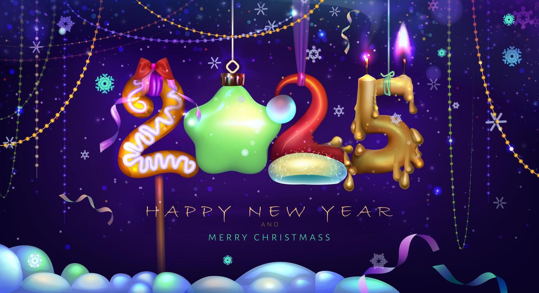 Festive happy New Year and Merry Christmas 2025. Image from numbers in the shape Decorations. Glowing candle , cookie,green star, Christmas Hat. Realistic funny design from numbers. Eps 10 vector