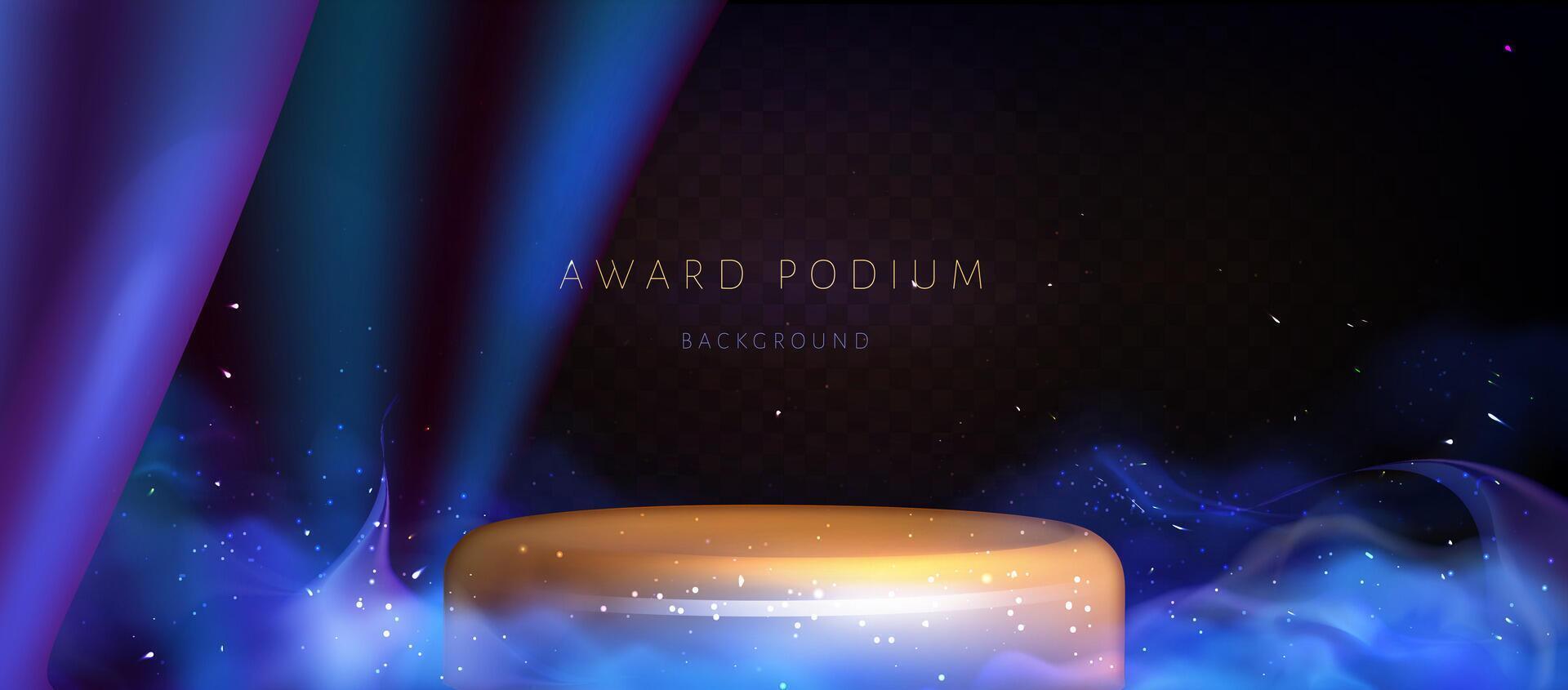 Gold podium award with luxurious blue silk draperies for interior decoration. Blue Smoke background with neon particles on the a dark transparent background . illustration eps 10 vector