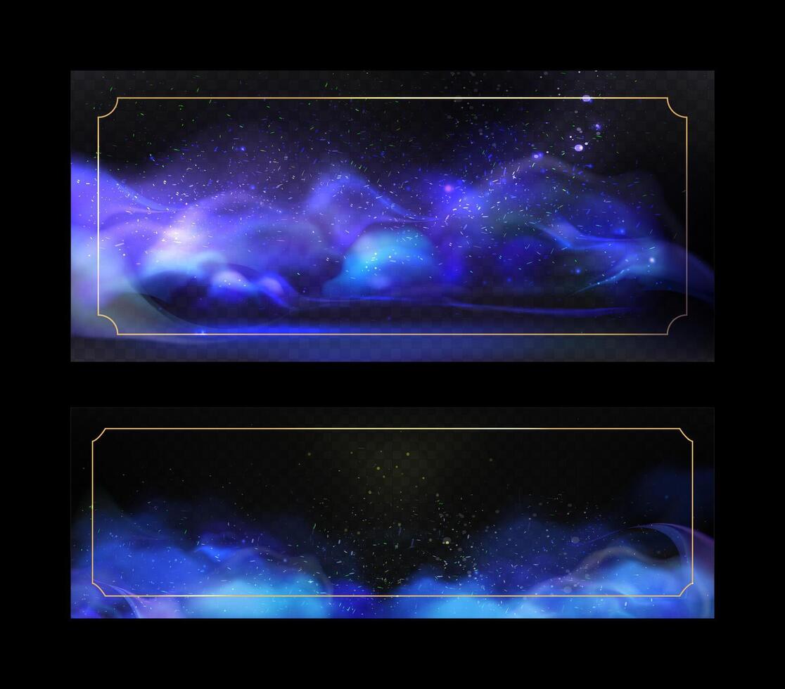 collection illustrations of blue abstract smoke background with glowing particles. Smoke effect. Space background with gold frame. Futuristic galaxy with neon nebula. Futuristic design. Eps 10 vector