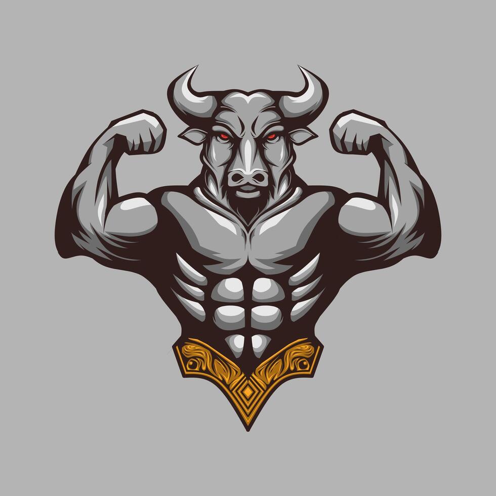 bodybuilder logo with big muscles bull head vector