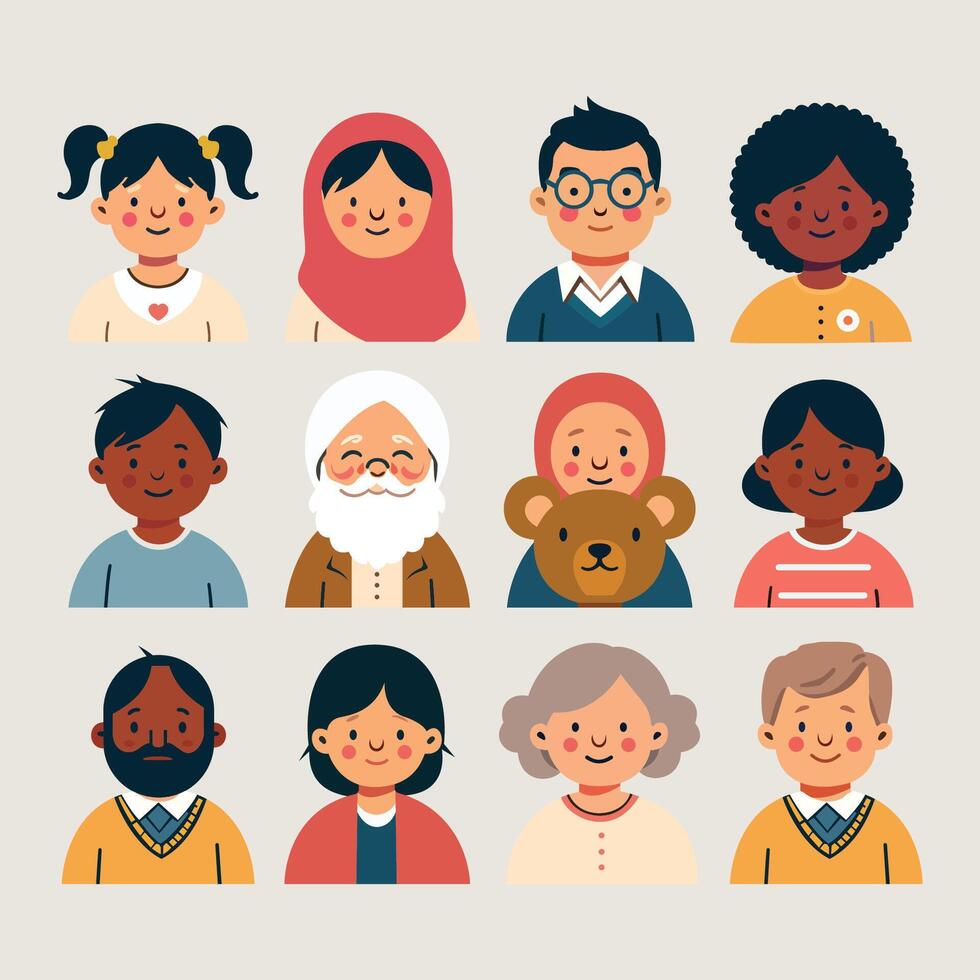 Set of people avatars featuring young men and women with pensive expressions. These modern line character heads depict happy, smiling, and thoughtful girls and guys. vector