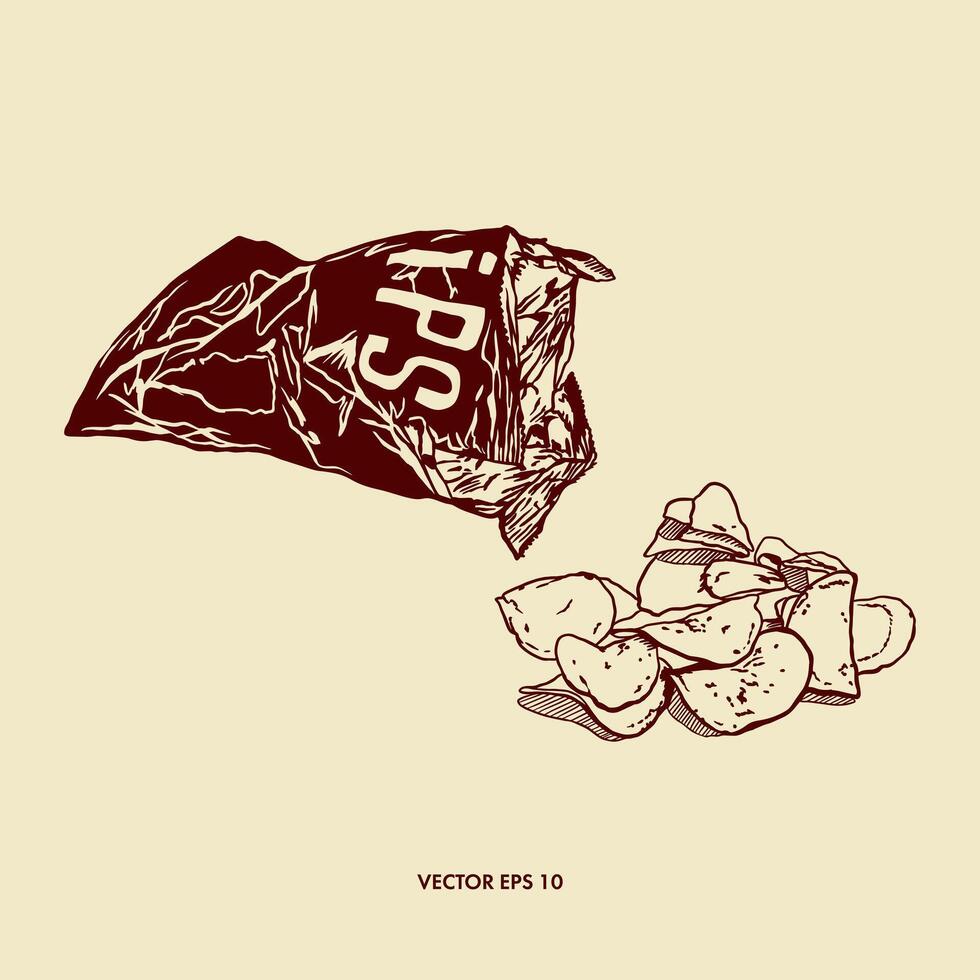 Potato chips, loose pieces, bag of snacks. Hand drawn illustration in graphic style. Design of menus, wine and beer cards, labels, banners, leaflets. vector