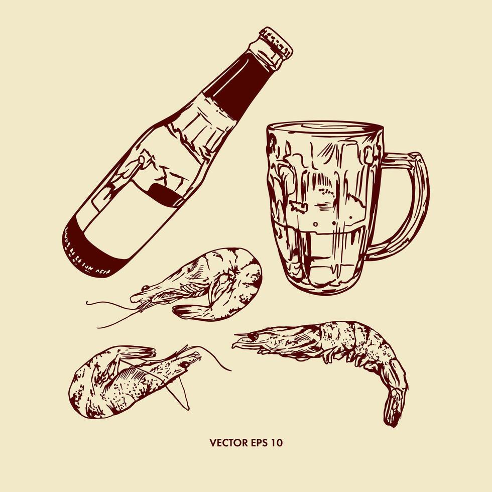 cerveza, botella, vaso copa con manejar, camarón. ilustración en gráfico estilo. diseño de menús, vino y cerveza tarjetas, etiquetas, pancartas, folletos vector