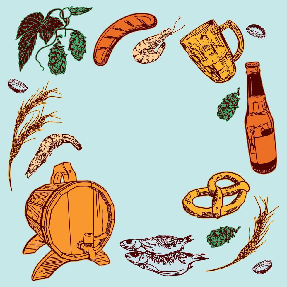Beer set, barrel, bottle, mug, pretzel, hops, fish, shrimp. Hand drawn illustration for labels, banners, posters, covers, Oktoberfest invitations, menus. vector