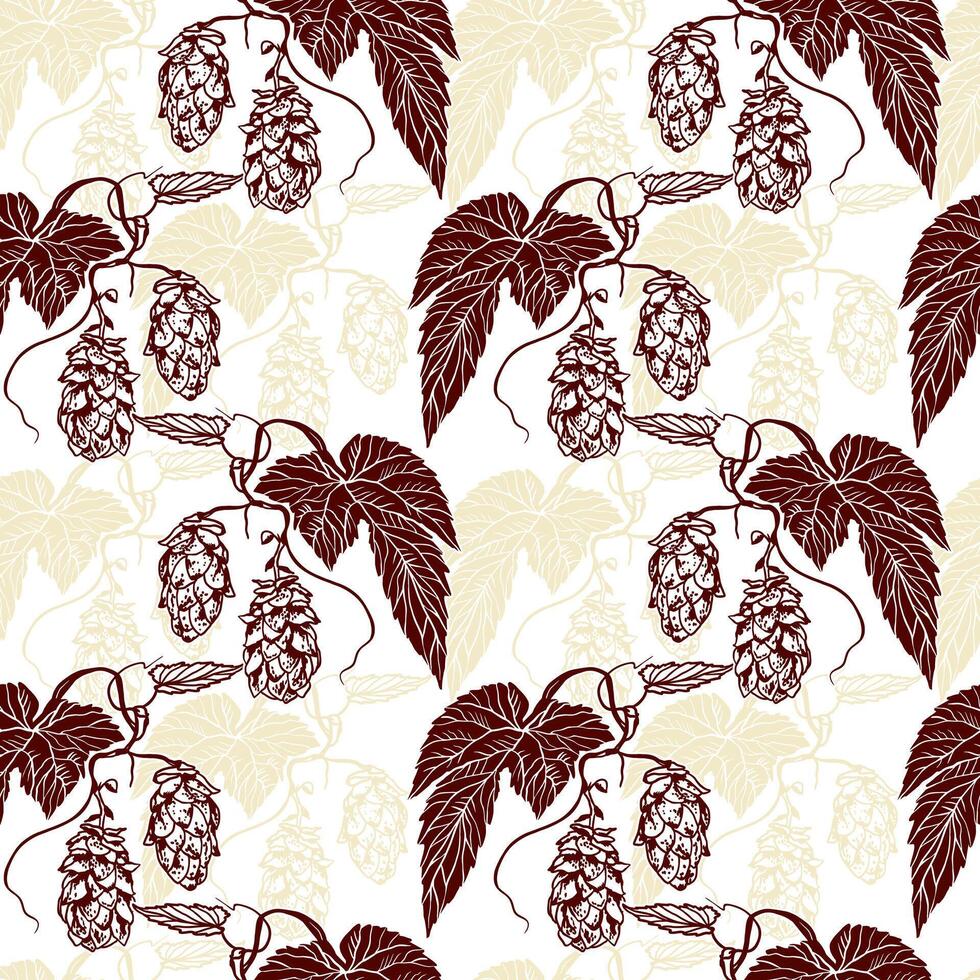 Hops seamless pattern, leaves and flowers of the plant. Hand drawn monochrome illustration for wrapping paper, wallpaper, fabric, covers, textiles, Oktoberfest invitations. vector