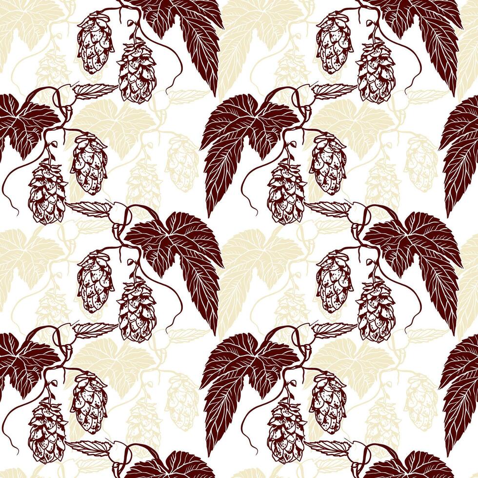 Hops seamless pattern, leaves and flowers of the plant. Hand drawn monochrome illustration for wrapping paper, wallpaper, fabric, covers, textiles, Oktoberfest invitations. vector