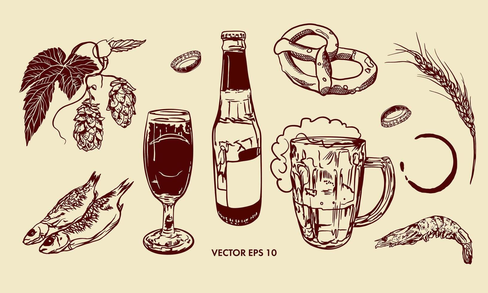 Beer, bottle, glass, hops, shrimp, fish, pretzel, wheat. Hand drawn illustration set in graphic style. Design of menus, wine and beer cards, labels, banners, leaflets. vector