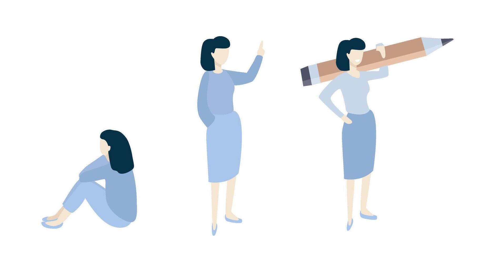 Tres mujer en diferencia poses Naciones Unidas plano diseño. dibujos animados mujer puntos hacia arriba. mujer con un gigante lápiz. mujer sentado en el piso vector