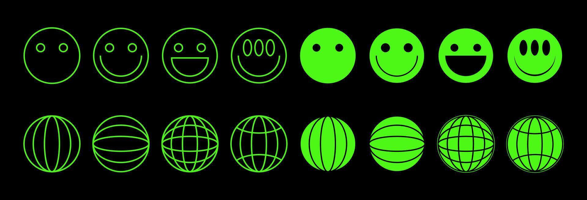 Y2k acid crazy symbols, signs, faces on a black background, collection of isolated design elements. illustration. vector