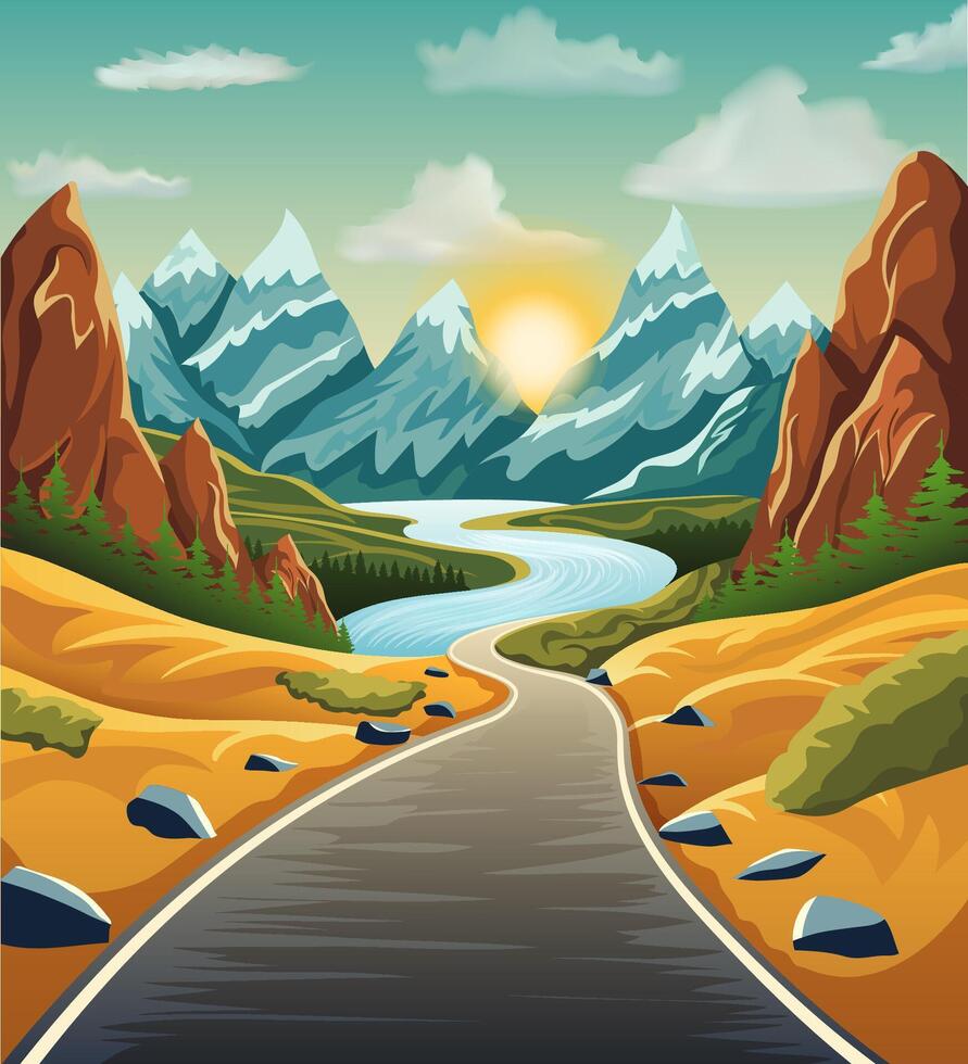 landscape asphalt auto road in nature among mountains hills and trees stock illustration vector