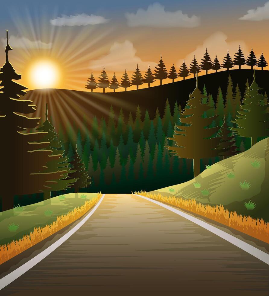 landscape asphalt auto road in nature among mountains hills and trees stock illustration vector