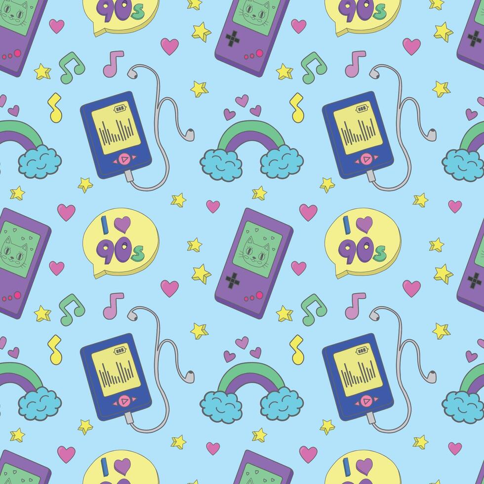 Seamless pattern with the image of a player, game console, hearts, rainbows and other objects in the colorful style of the 80s and 90s, illustration for advertising. vector