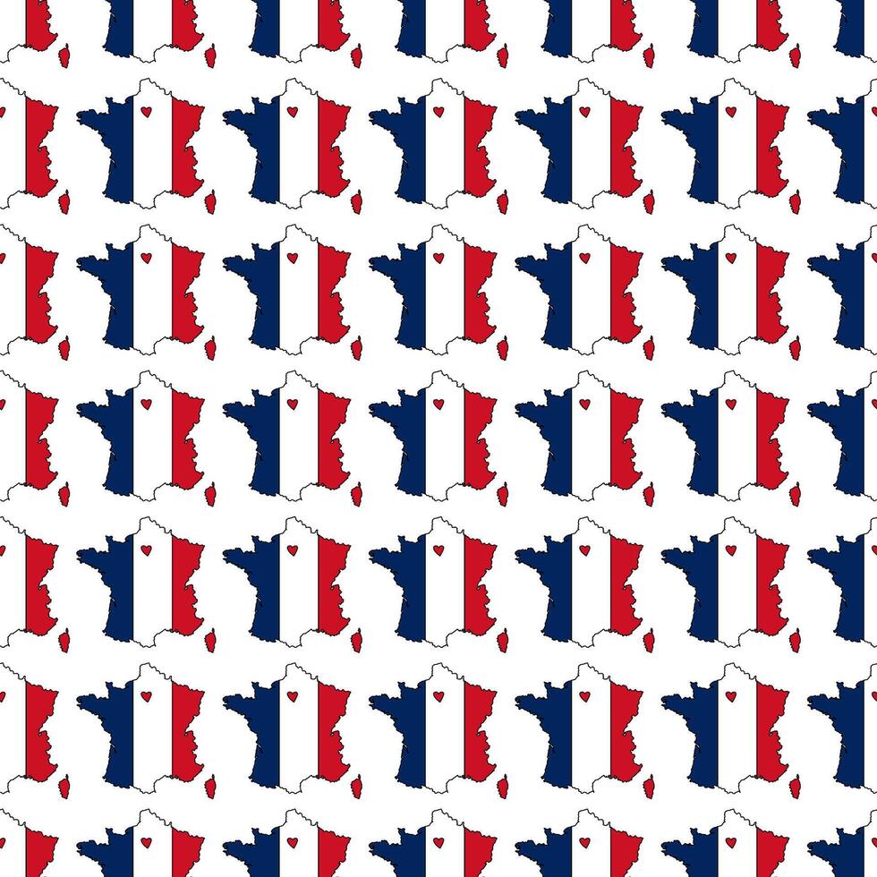 France seamless pattern. background. Cute hand drawn outline country map in French flag doodle style. vector