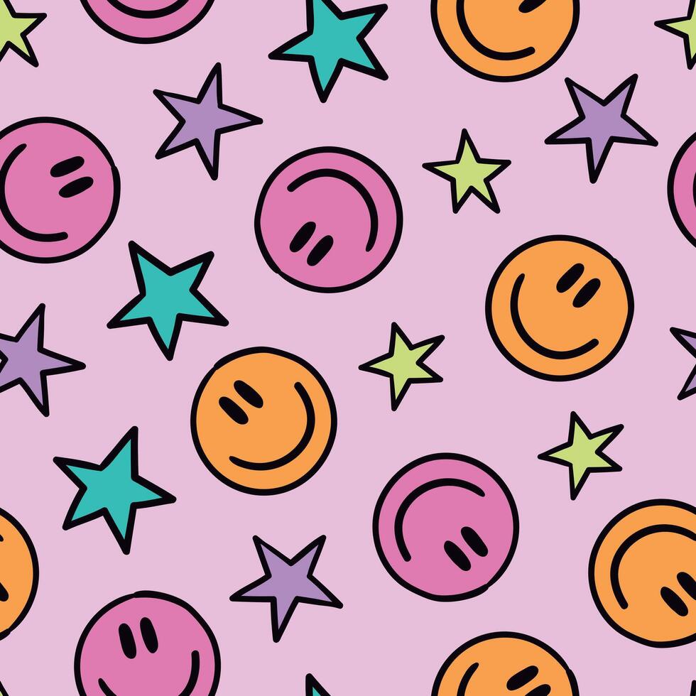 Retro Smile Pattern Happy Face Background Groovy Smiley Face Seamless Pattern vector