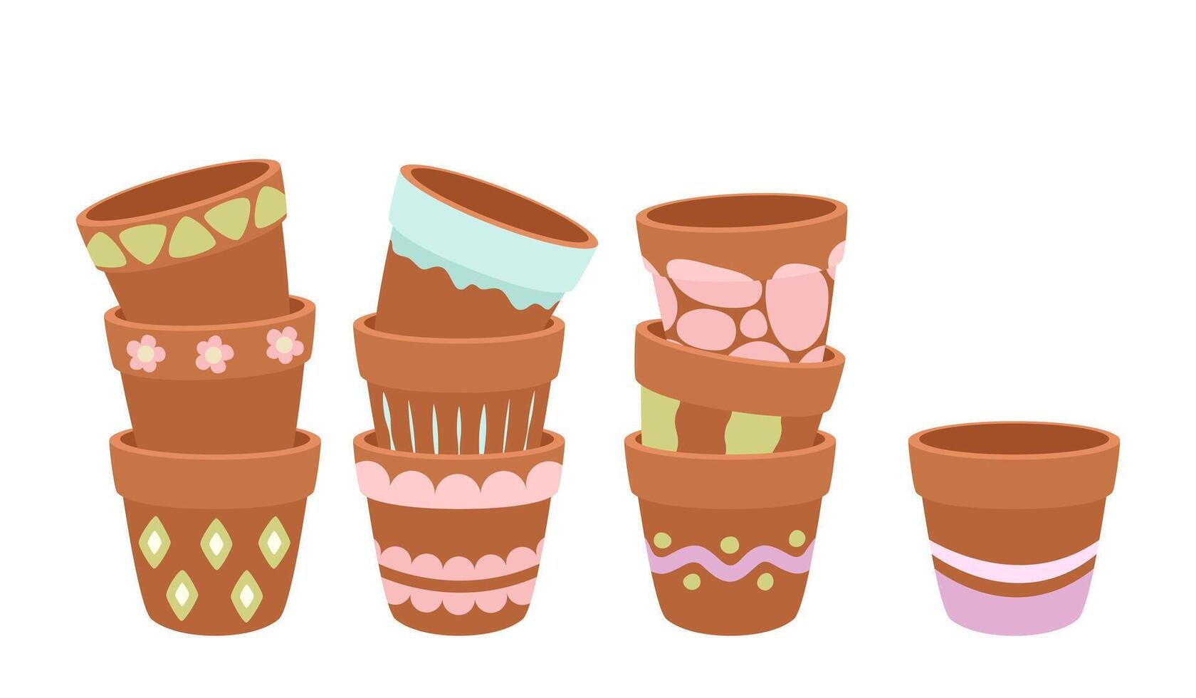 Empty, flower, clay pots. Stacked into each other. on white background. vector