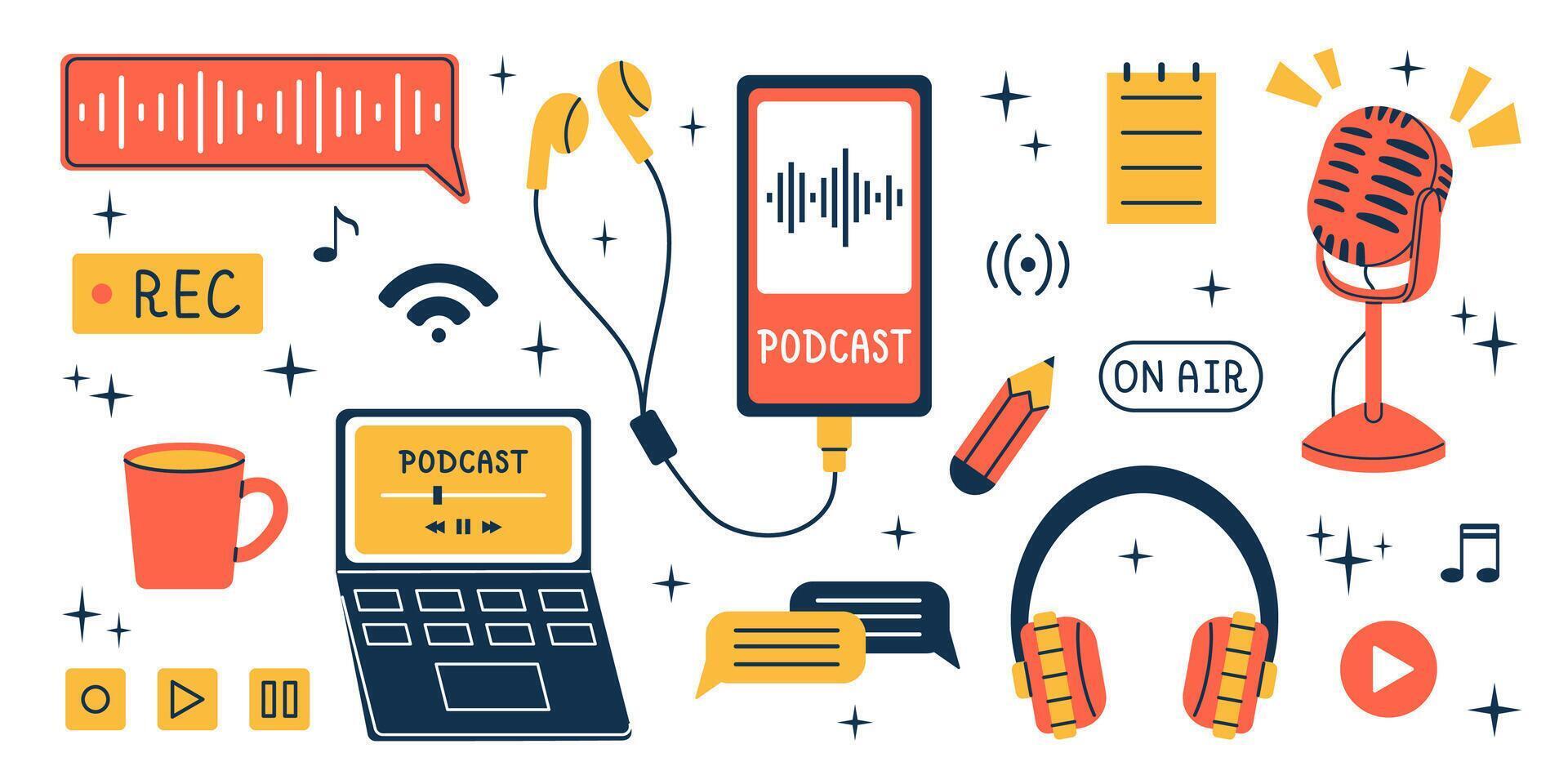 different podcast elements trendy collection. Podcast recording and listening, broadcasting, radio. Set of earphones, microphone, headphones, laptop, phone and other technology for podcast. vector