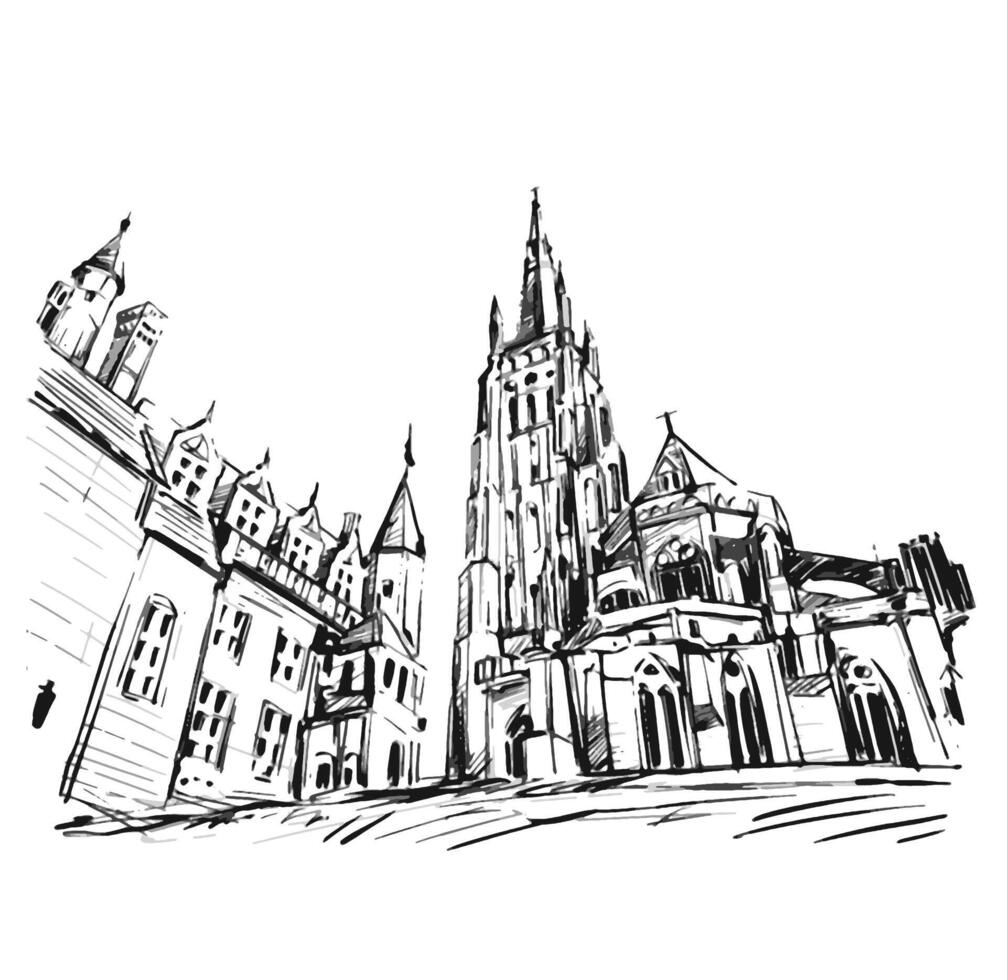 dibujo de amplio ángulo al revés ver a Iglesia de nuestra dama brujas en brujas, Bélgica vector