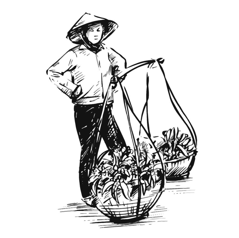 Vietnamese vendor sell vegetables in the morning at local market in Vietnam vector