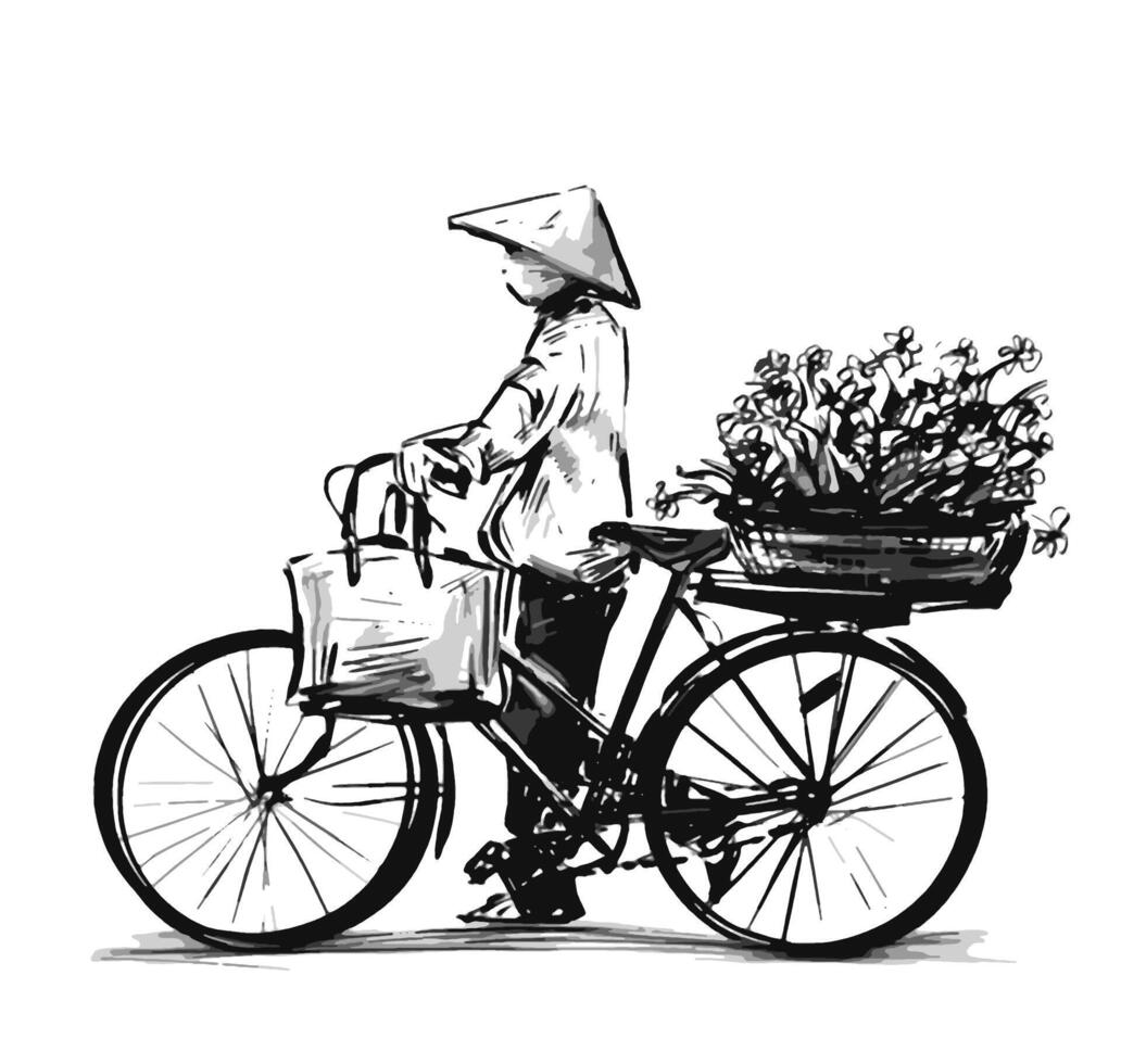 Drawing of Flower vendor in a street in Hanoi, Vietnam vector