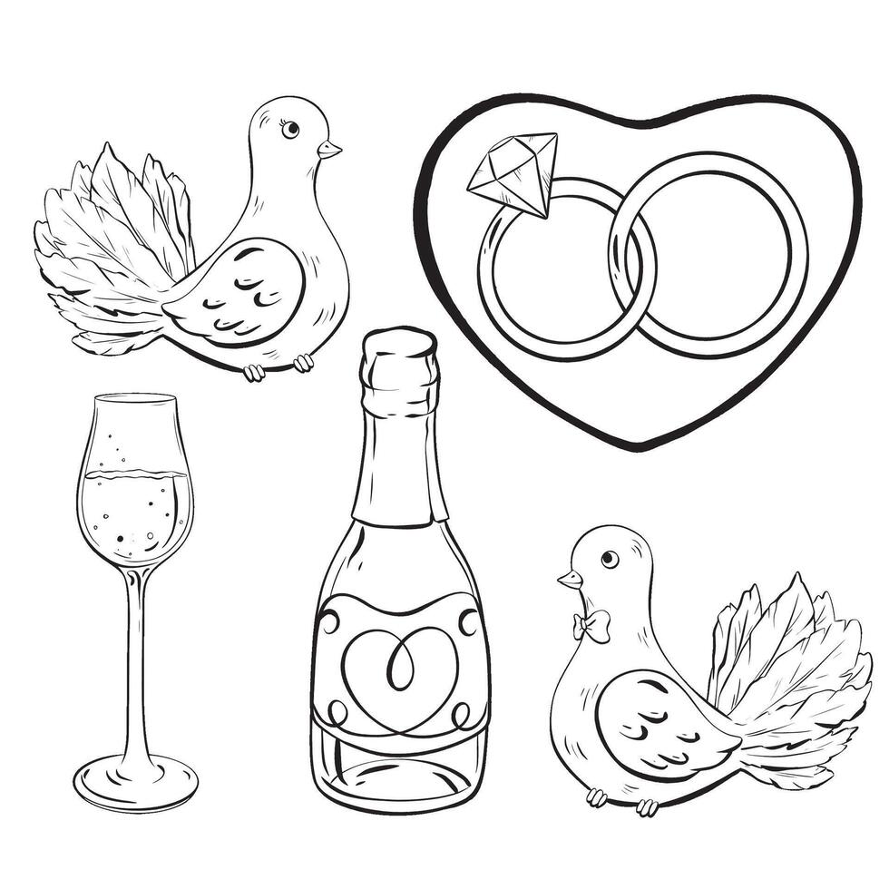 a bottle of champagne , a glass of wine , two pigeons , wedding rings , and a heart vector