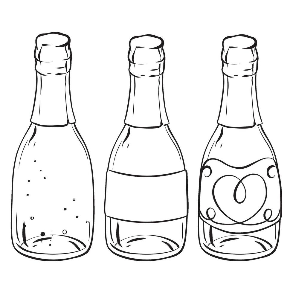 A monochromatic drawing featuring three bottles of champagne vector