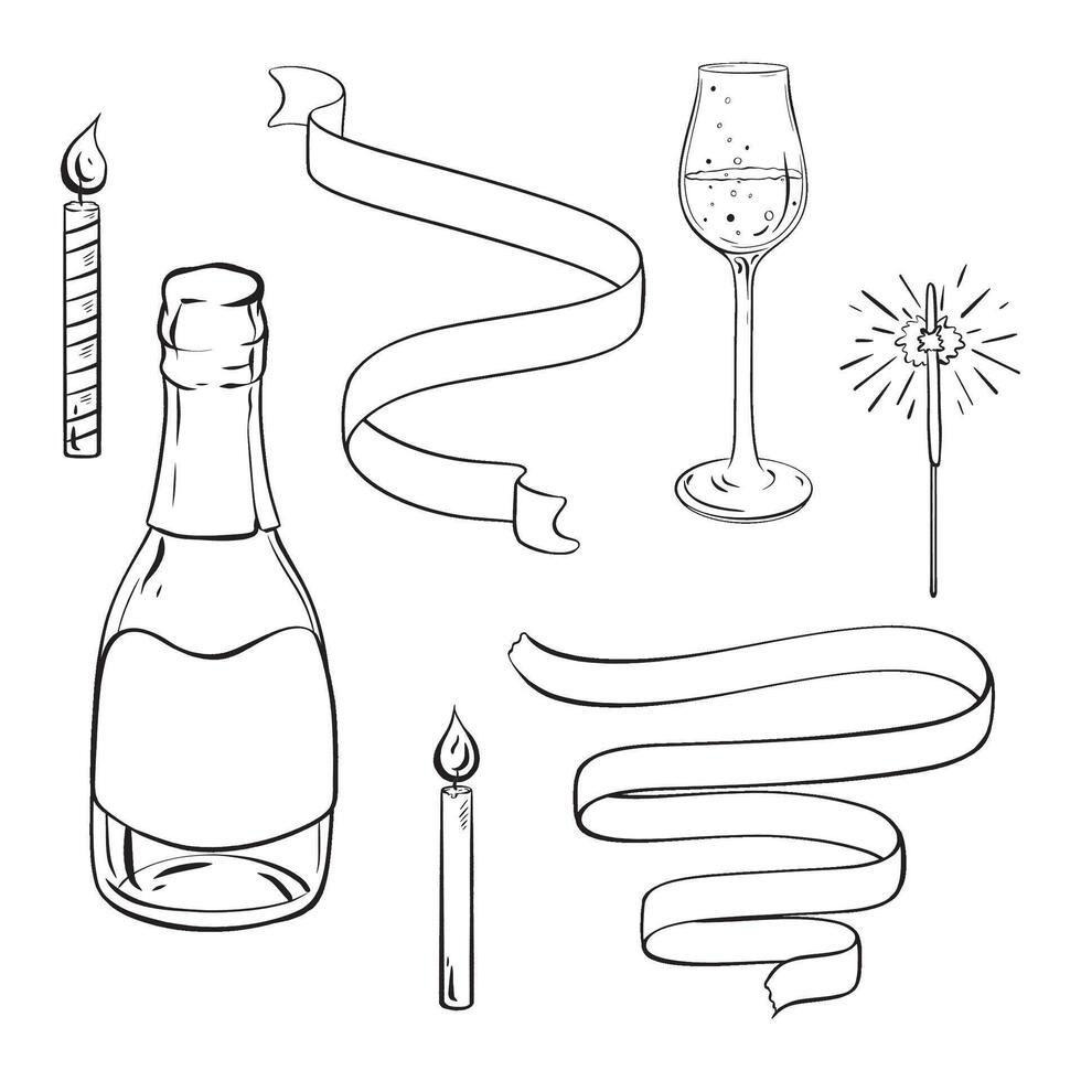 a bottle of champagne , a glass of wine , a candle , a ribbon , and a sparkler vector