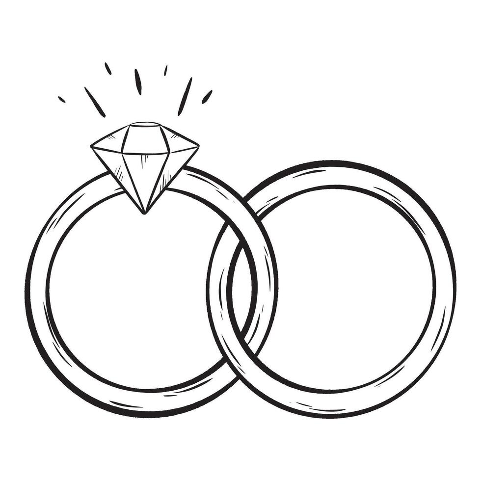 A black and white drawing of two wedding rings with a diamond in the middle vector