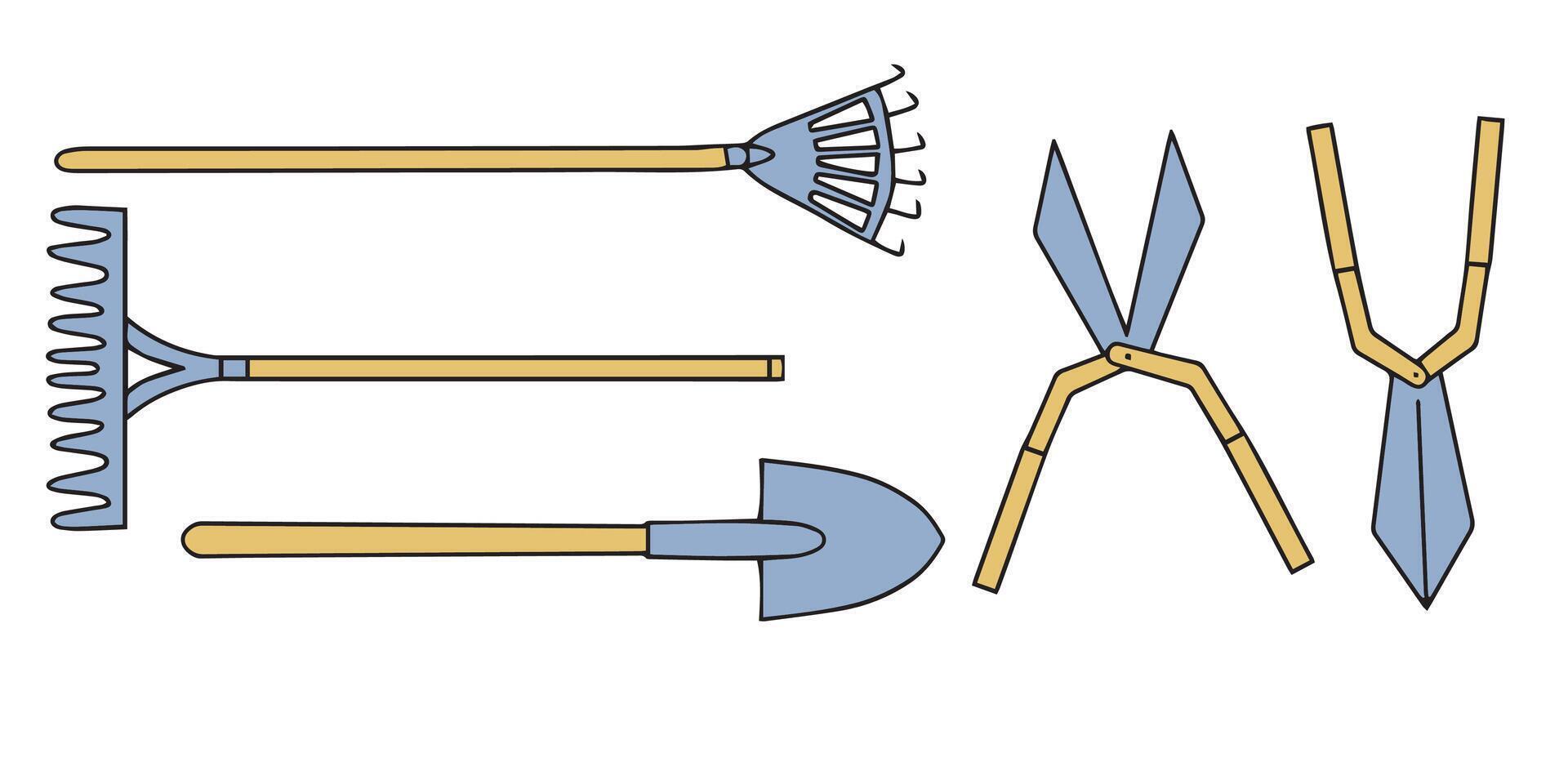 Garden tools linear icons and doodles. Garden rake, garden fork, pruning shears, secateurs, bayonet shovel.Line art isolated on white. vector
