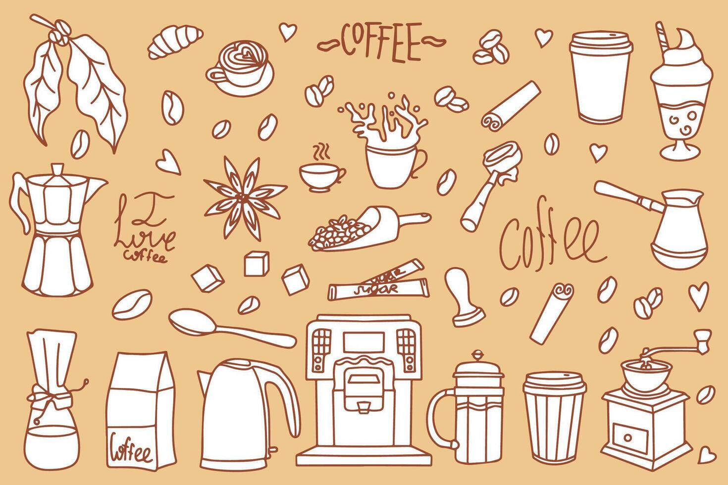 Cute doodle cartoon cafe icons. Set of hand drawn coffee designs vector