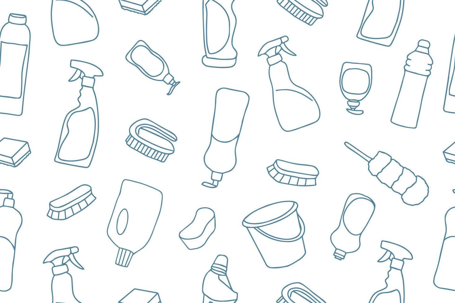 Seamless pattern of cleaning equipment in doodle style. Cleaning line icons. A line of hand-drawn equipment, cleaning products and tools for washing and disinfecting the home, windows, mirrors. vector