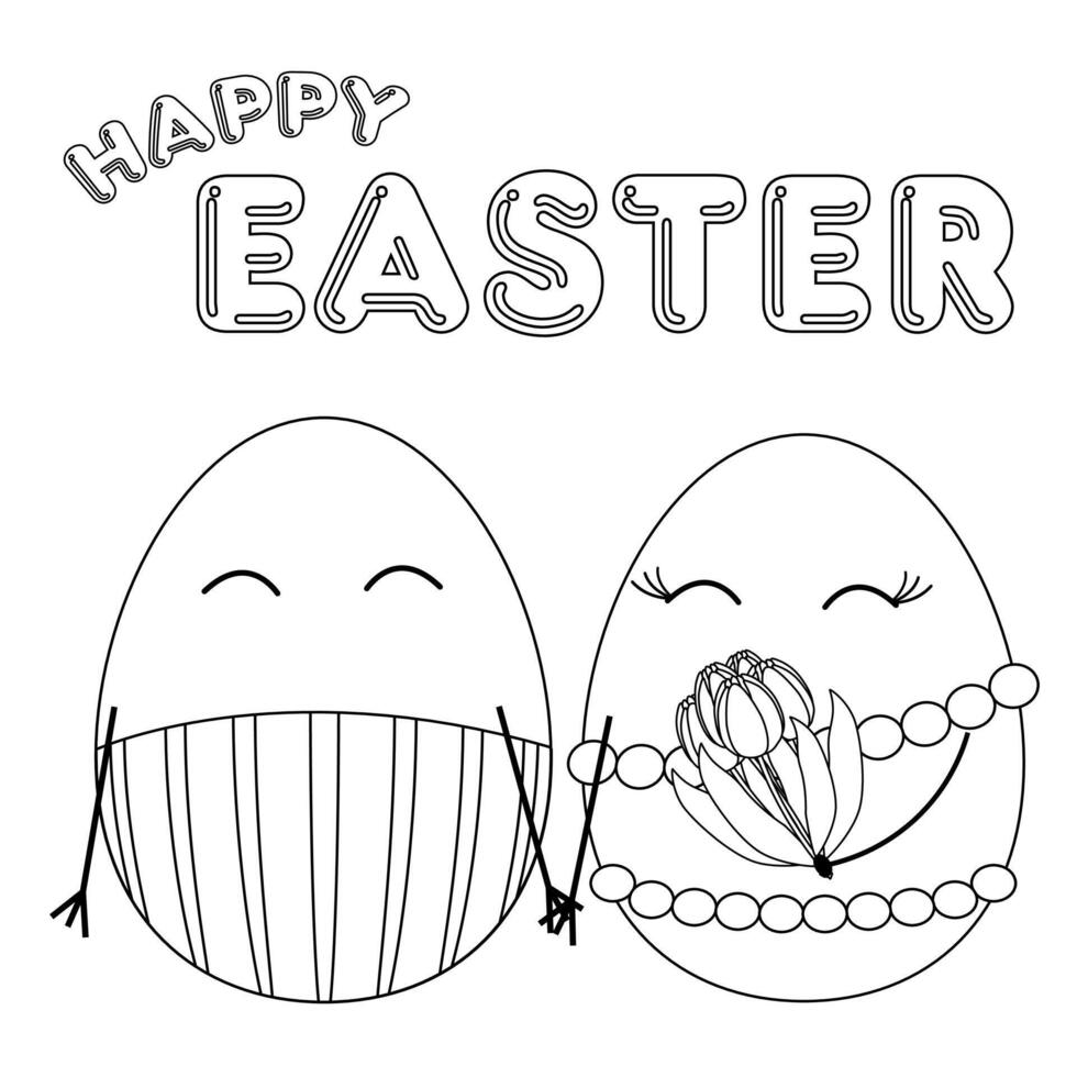 Anthropomorphic family of Easter eggs. A man giving a woman a bouquet of tulips. Happy Easter inscription. Coloring books. Contour drawing vector