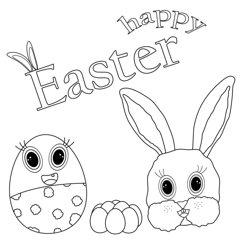 Easter hare and eggs. Happy Easter inscription. Childrens coloring books. Contour drawing vector