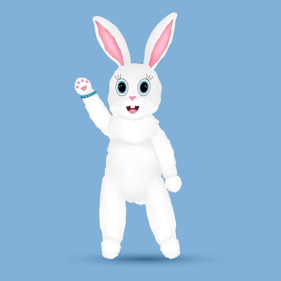 White anthropomorphic Easter hare on blue background waving his paw vector