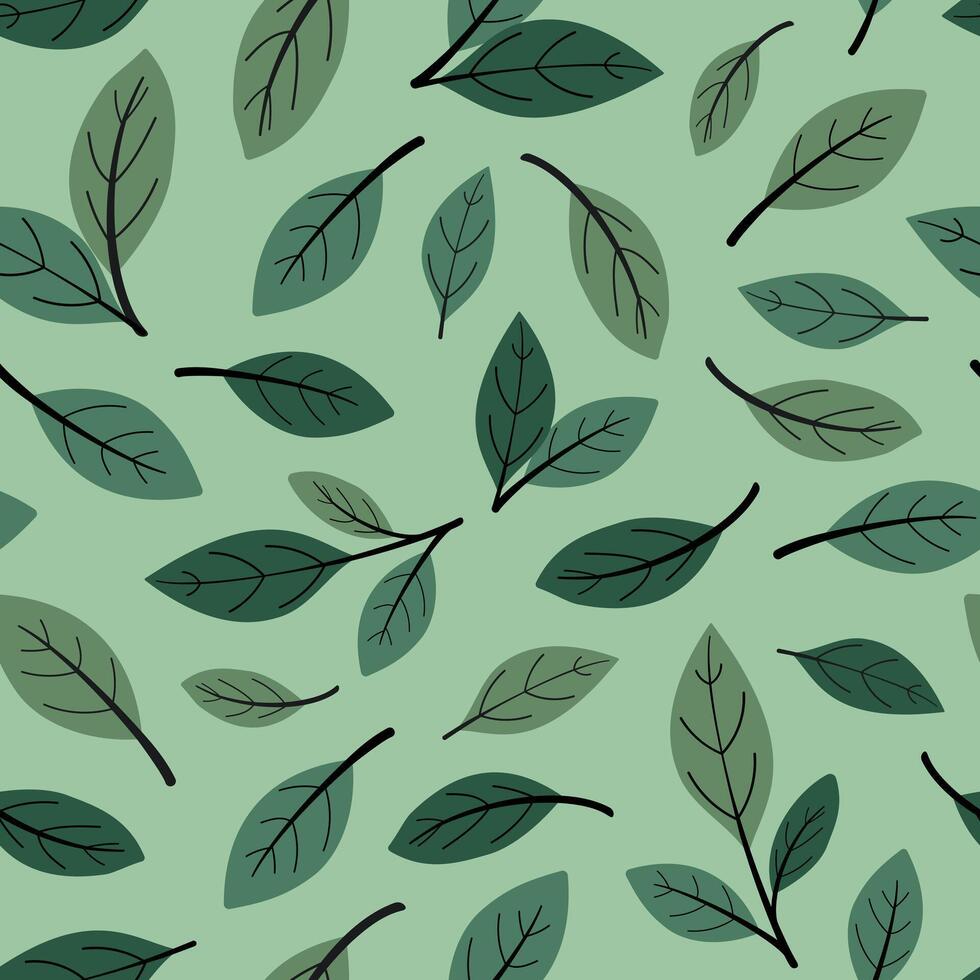 Cartoon seamless pattern with green hand drawn tea leaves on green background. Design for print, fabric, invitation, wallpaper. vector