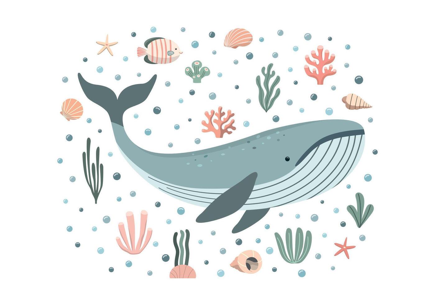 Whale is in the ocean. illustration. Isolated on white background. Cartoon sea animal. Children graphic for poster vector