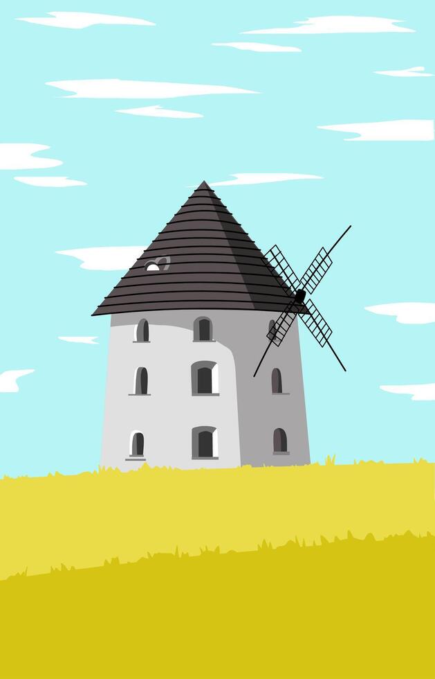 tower building with Windmill in the middle of the yellow meadow vector