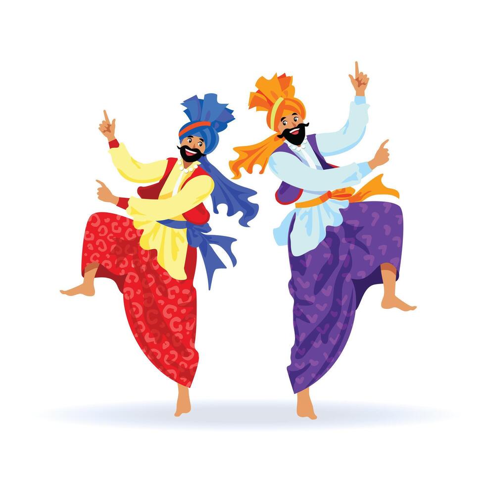 Two merry Sikh men dancing at festival, party vector
