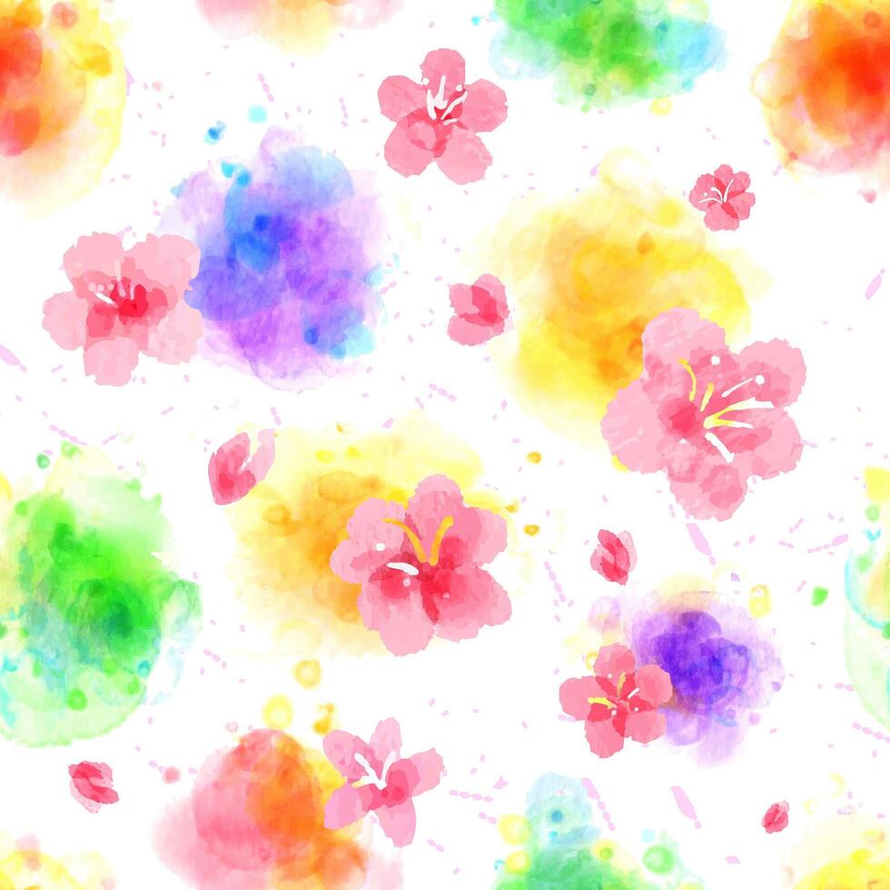 Rainbow watercolor spots and sakura flowers vector