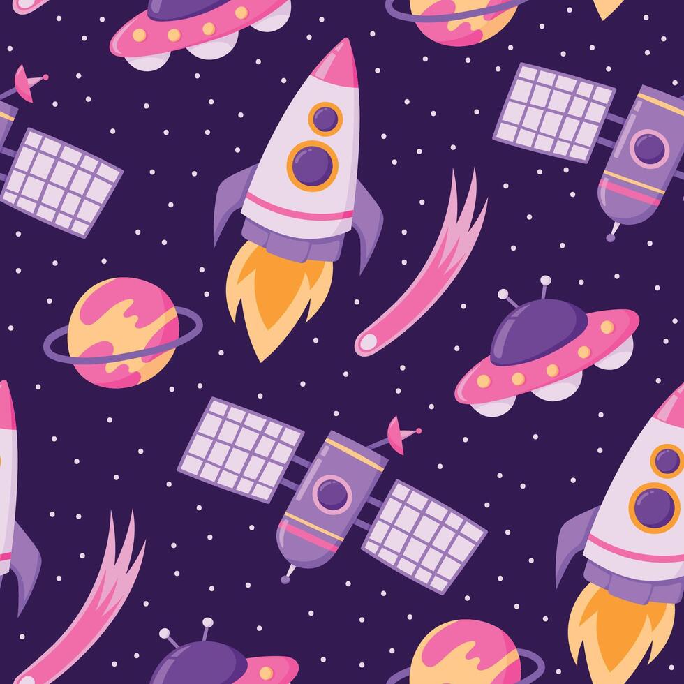 vistoso espacio sin costura modelo con astronave, volador platillo, espacio estación, planeta, cometa y estrellas en oscuro antecedentes. infantil cósmico fondo para guardería fondo de pantalla, textil, tela vector