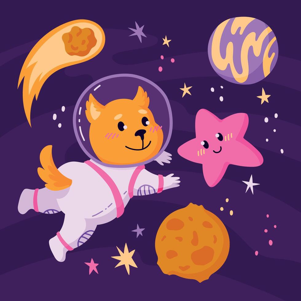 Cute cartoon colorful characters - astronaut dog in spacesuit, star, asteroid, comet and planet in outer space. Zero gravity and weightlessness vector