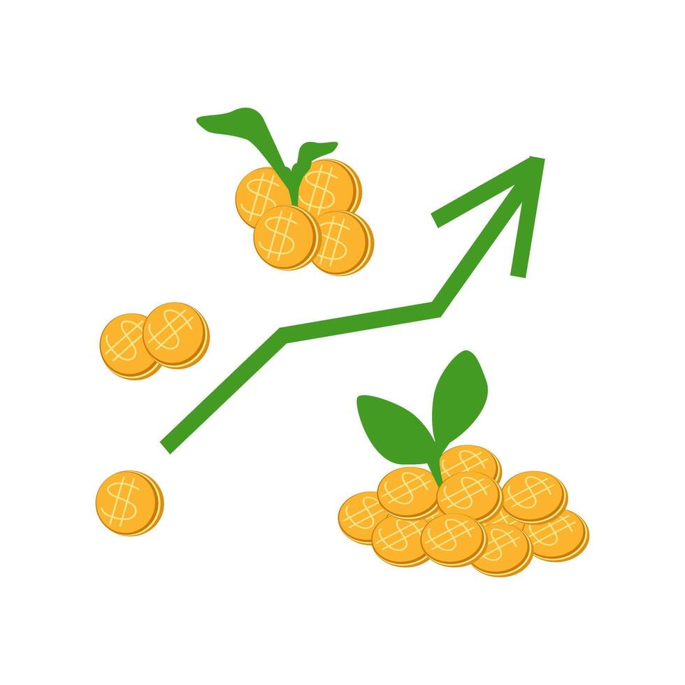 Green sprout coins with dollar sign and up arrow vector
