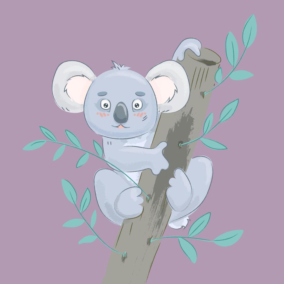 Gray koala on a branch with a surprised face. Kawaii, naturalistic illustration. vector
