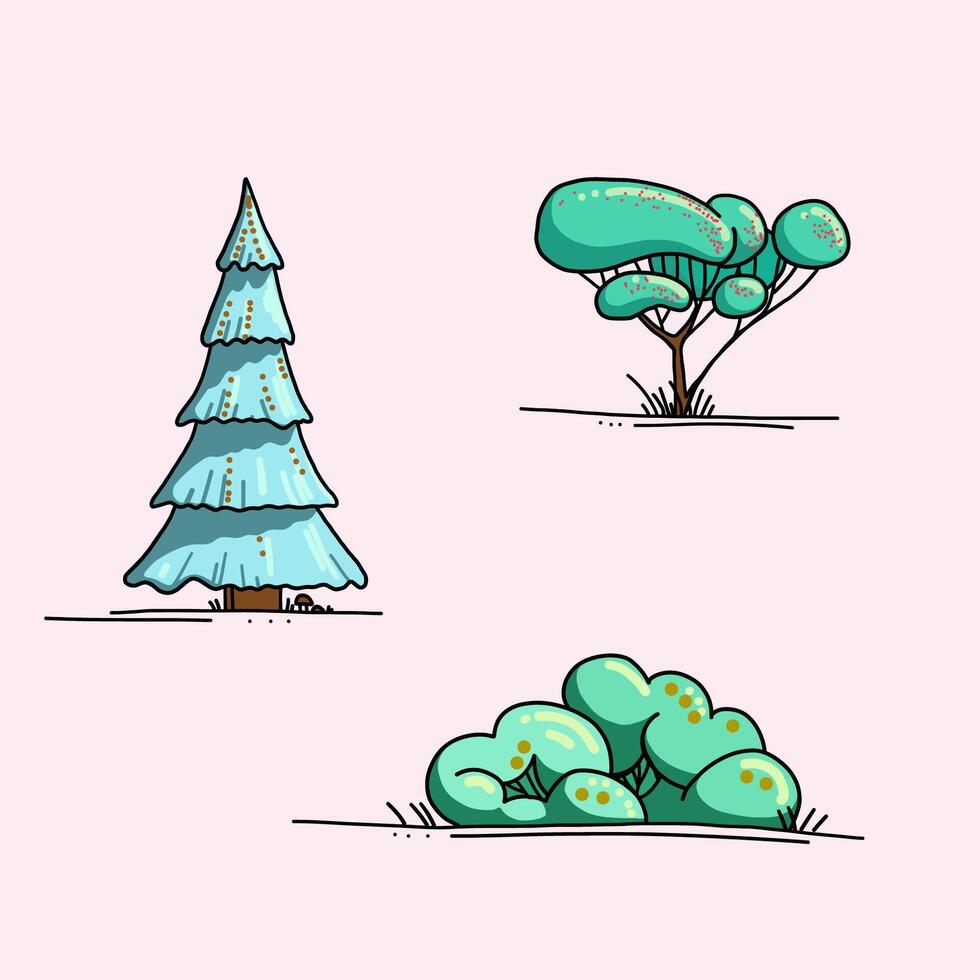 set of 3 trees on the ground on a pink background. illustration. vector