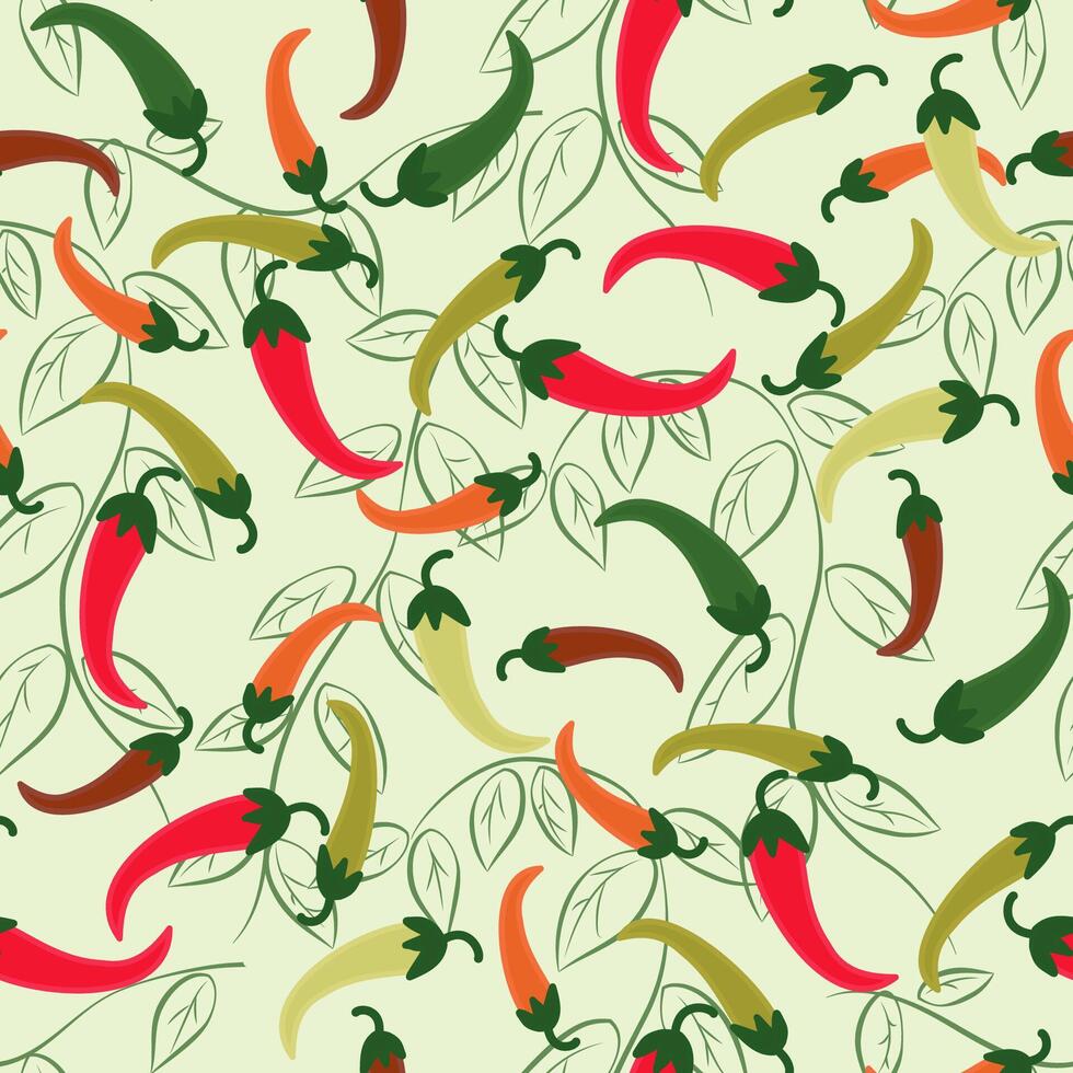 Seamless pattern with chili pepper on a light green background. Hand-drawn background vector