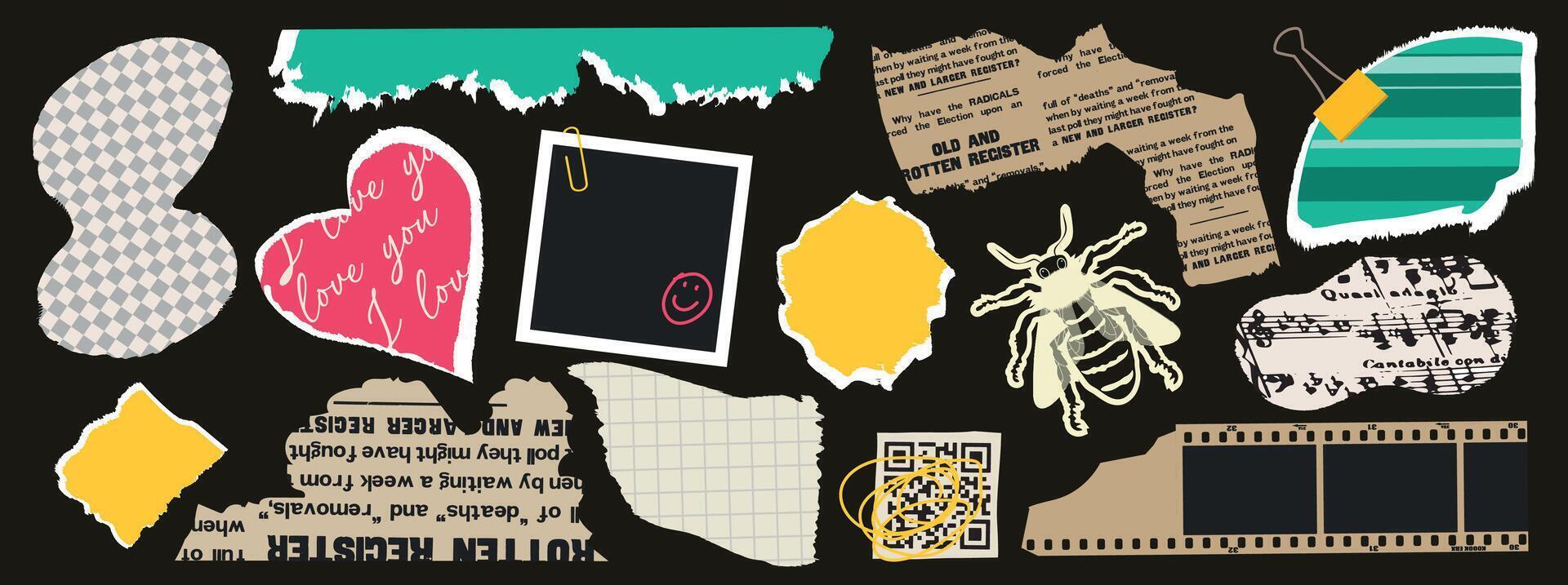 Collage set of rip notepaper, scrap music sheet, retro gazette, torn newspaer, bee stamp, photographic film. Trendy collage set, retro modern stickers. vector
