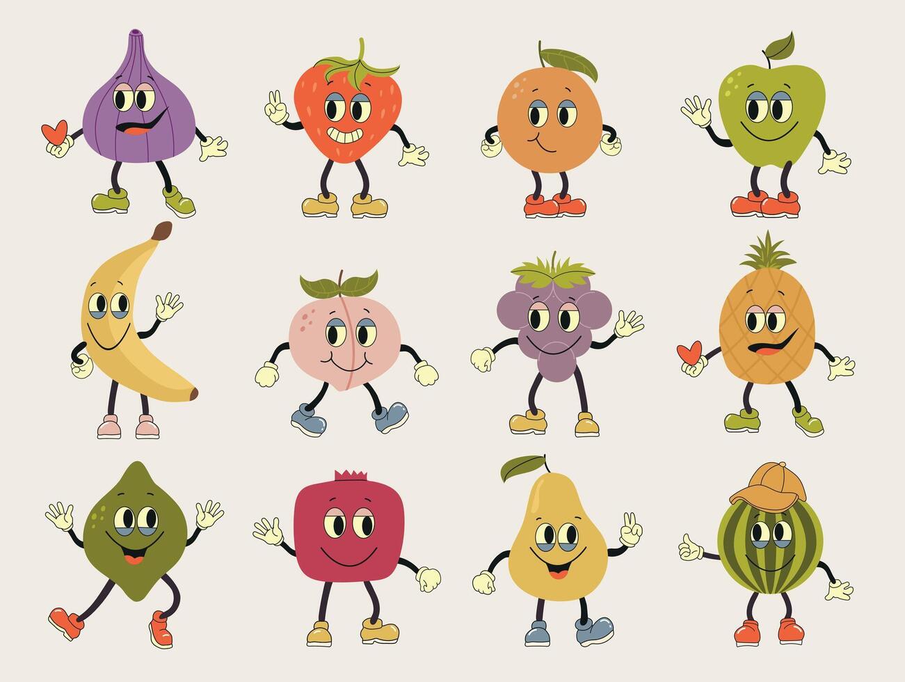 Fruit retro funky cartoon characters. Groovy fruits set. Hand draw Funny Retro vintage trendy style fruits cartoon character.Groovy summer illustration. Fruits juicy sticker pack. vector