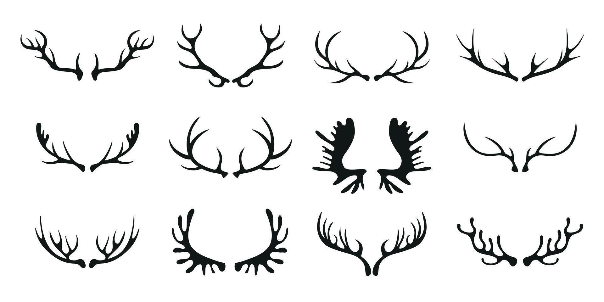 Black silhouettes of different deer horns on white. Deer antlers. Collection of elements on the theme of of hunting, tourism and environment. vector