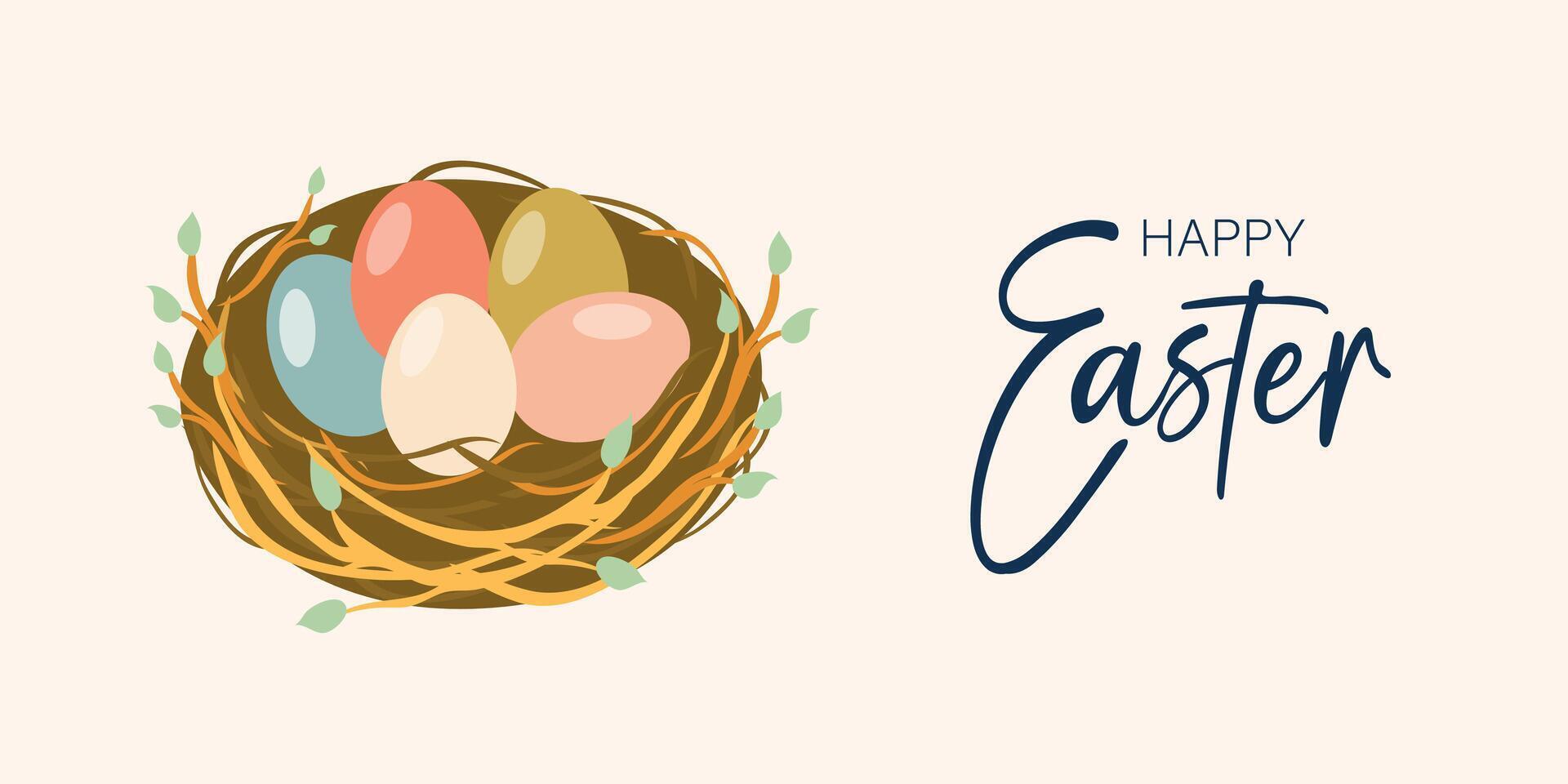 Happy Easter banner. Modern minimal style. Easter eggs in a basket. Side view. Beige background. Horizontal poster, greeting card, header for website. vector